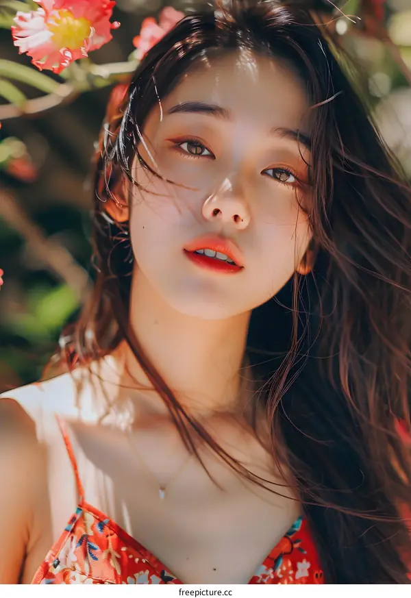 Portrait of a Young Woman with Red Lips and Flowers