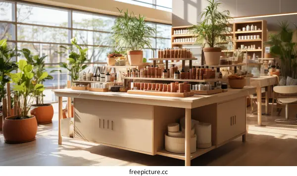 Assortment of Beauty Products Displayed on Wooden Shelves