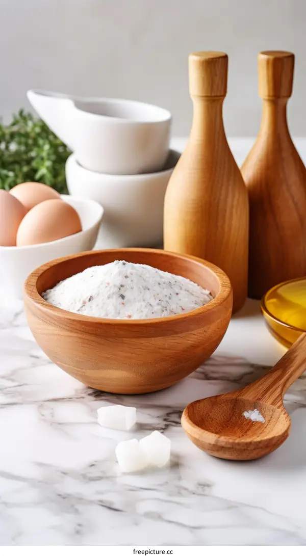 Ingredients for baking. Flour, eggs, butter and spices on the kitchen table