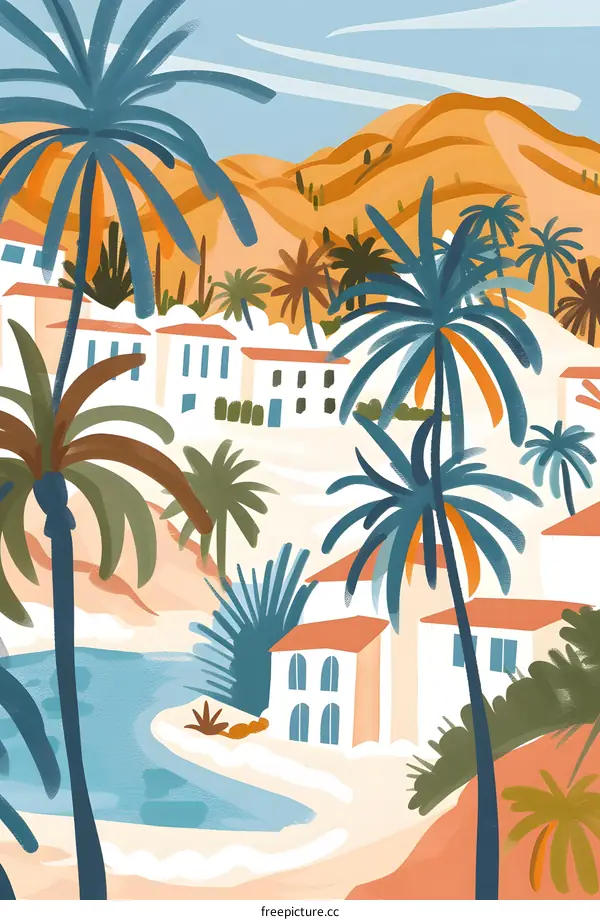 Tropical Beach Landscape with Palm Trees and Houses