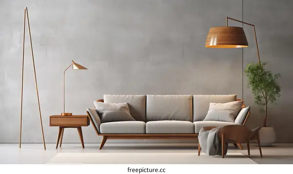 Modern living room interior with sofa, coffee table, floor lamp and plant