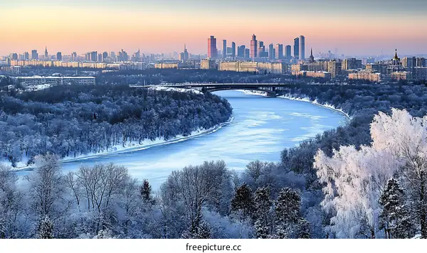 Winter Cityscape with Frozen River and Snow-Covered Trees