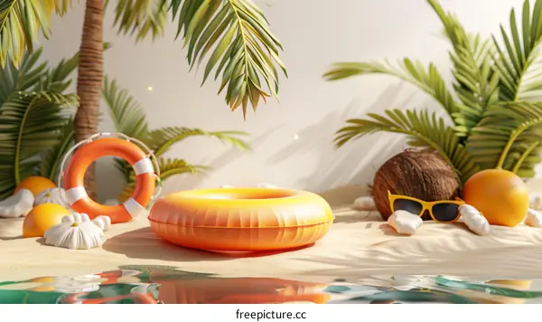 Summer Beach Scene with Inflatable Ring and Palm Trees