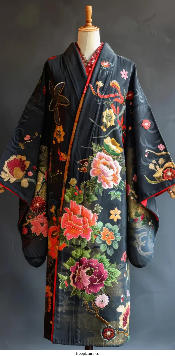 Traditional Japanese Kimono With Floral Embroidery