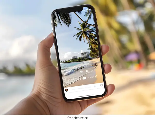 Hand Holding a Phone with Beach Scene