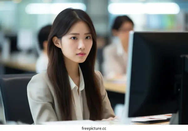 Asian businesswoman working on computer in office