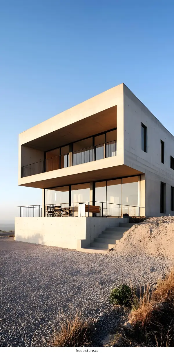 Modern Concrete House with Balcony and Gravel Driveway