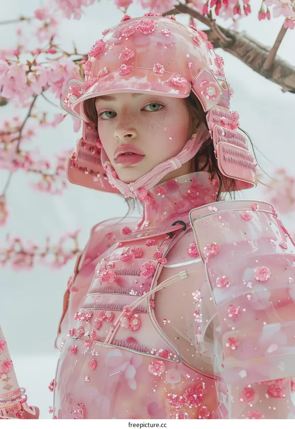 A woman wearing a pink samurai armor stands in a field of cherry blossoms.
