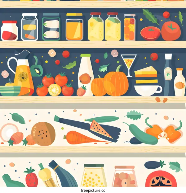 Colorful Illustration of Food in Jars on Shelves