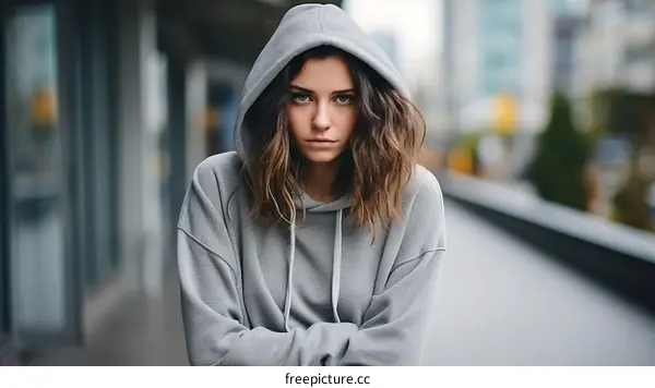 Portrait of a young woman in a gray hoodie looking at the camera with a serious expression