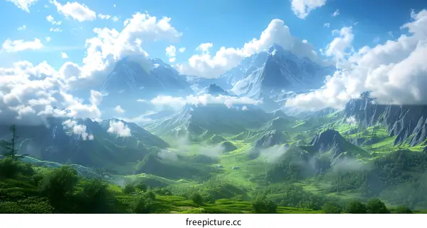 Mountain Range Landscape with Lush Green Valleys and Fluffy Clouds