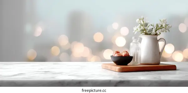 Marble Tabletop with Decorative Items and Bokeh Background