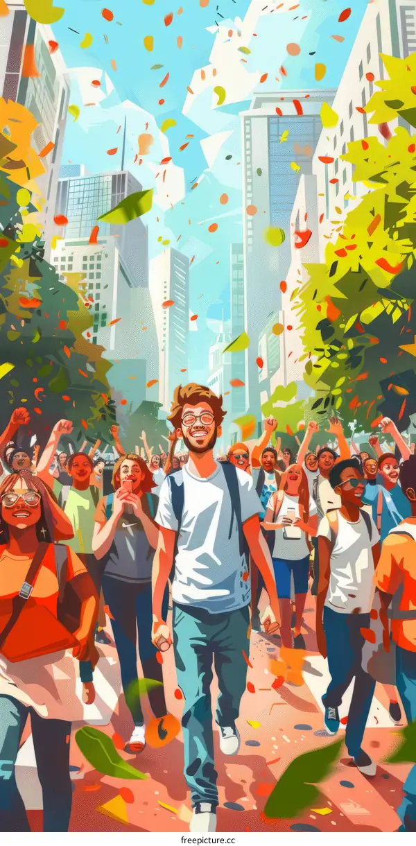 A group of diverse people walking down a city street, celebrating with confetti falling from the sky