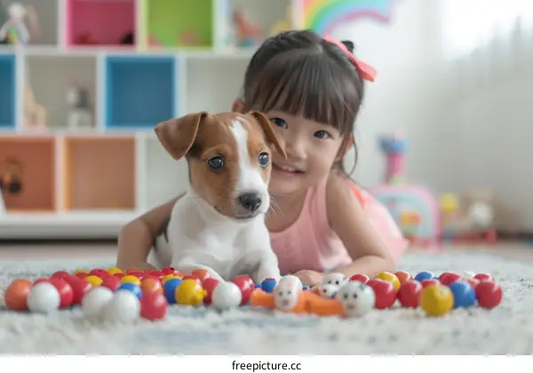 Little Asian girl playing with a puppy