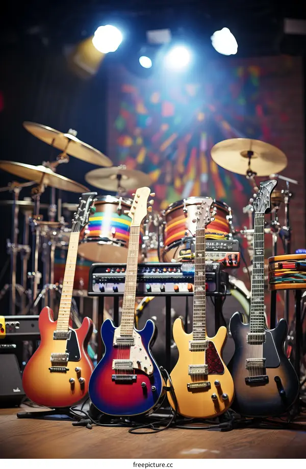Four guitars and a drum set on a stage with colorful lights in the background