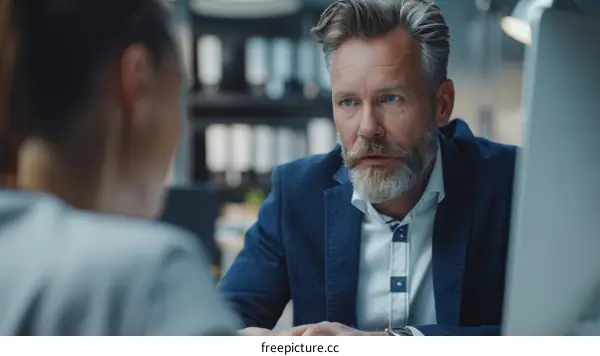 A middle-aged man in a suit is talking to a woman