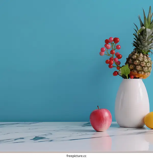 Still Life Photography with Red Apple, Pineapple, and White Vase