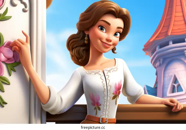 Princess With Brown Hair and Blue Eyes Stands on Balcony