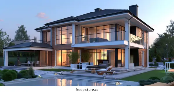 A 3D rendering of a two-story house with a pool