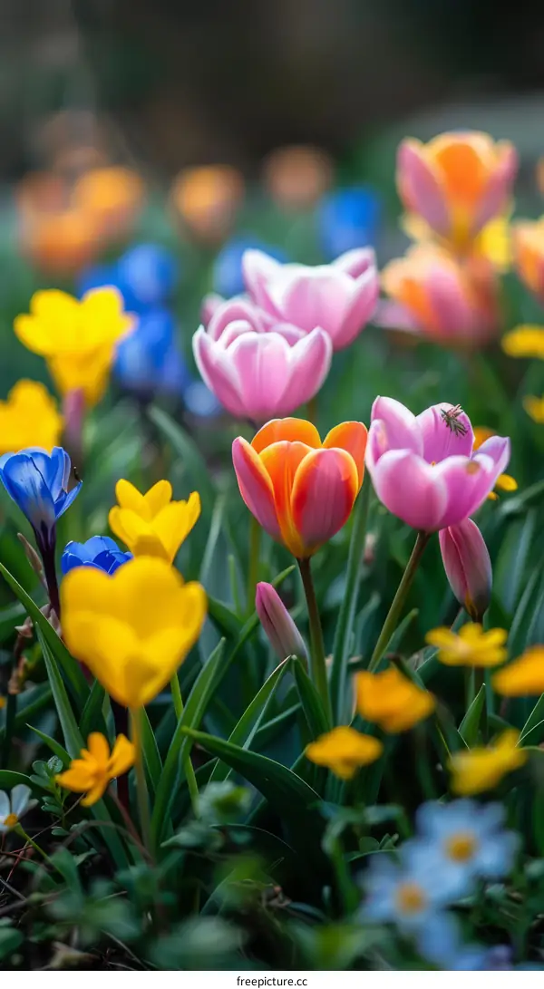 A variety of colorful flowers in a garden with green grass