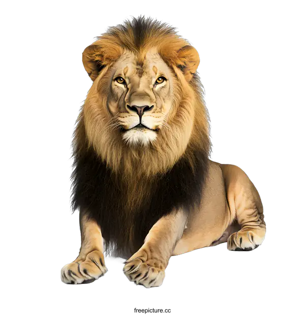 [Transparent Background PNG]Majestic Male Lion with Dark Mane Lying Down on White Background