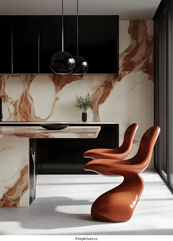 Modern Kitchen Interior Design with Brown Chairs and Marble Backsplash