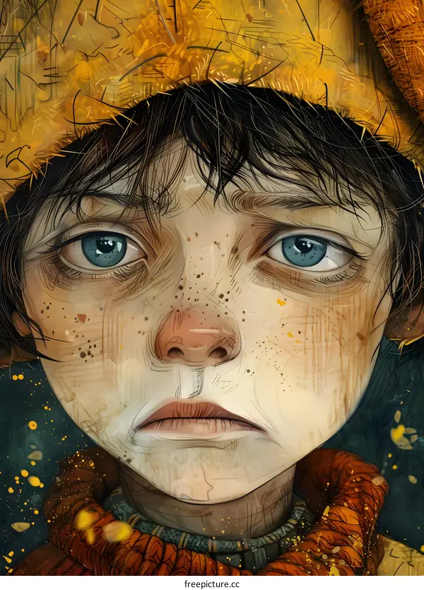 portrait of a sad looking boy with freckles and blue eyes wearing a yellow hat