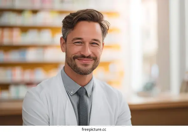 Smiling male pharmacist in white coat with blurred background