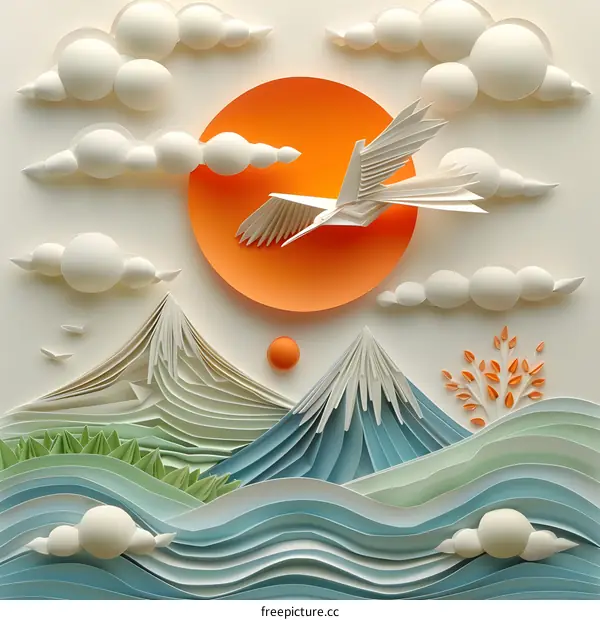 Paper Craft of Mountain Landscape with Bird and Sun
