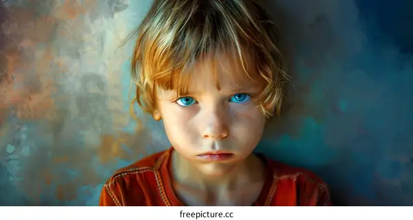 Portrait of a sad looking young boy with blue eyes and freckles