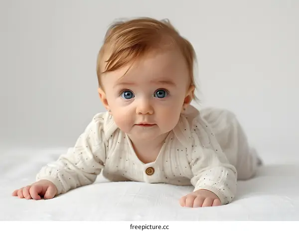 Cute Baby Girl With Blue Eyes Crawling on White Blanket