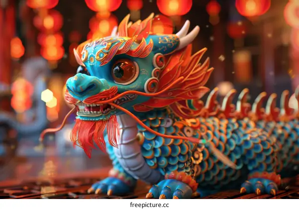 A cute cartoon dragon with red lanterns in the background.