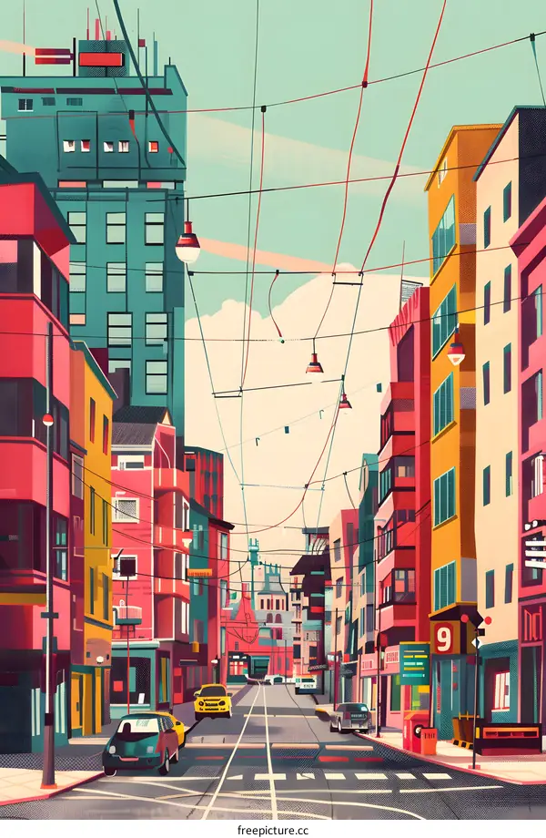 Colorful Illustration of Cityscape with Buildings and Street
