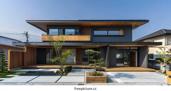 Modern Japanese House Exterior Design with Wood and Stone Elements