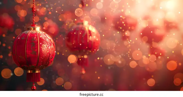 Red lanterns hanging in front of a blurred background of bokeh lights.