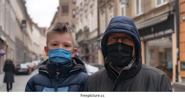 Caucasian Man and Boy Wearing Face Masks In City Street
