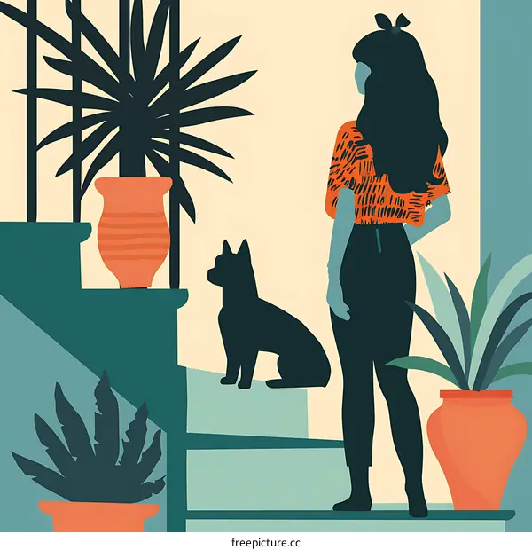 Woman with Dog Standing on Stairs