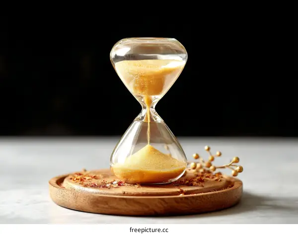 Golden Hourglass on Wooden Tray