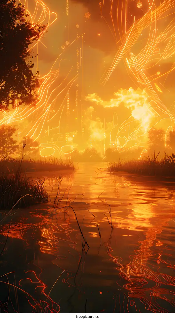 Golden Sunset over a Swamp with Abstract Lines