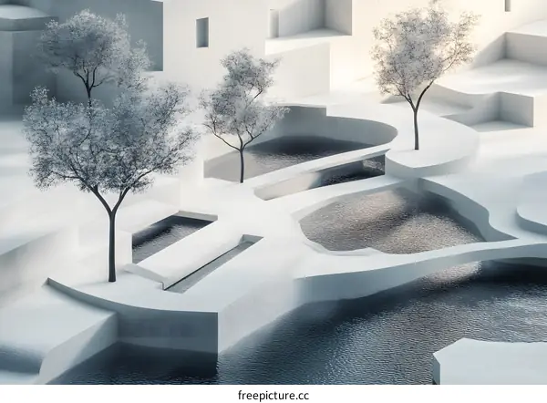 Minimalist Abstract Architectural Design with Trees and Water