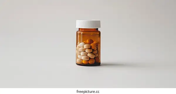 Close-up of a brown glass bottle of pills on a white background