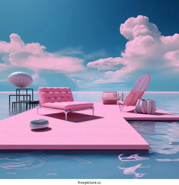 pink surreal seascape with floating platform