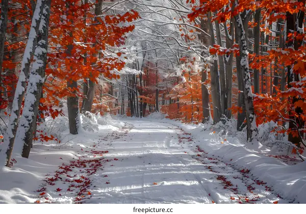 Snowy Winter Road Through Colorful Forest