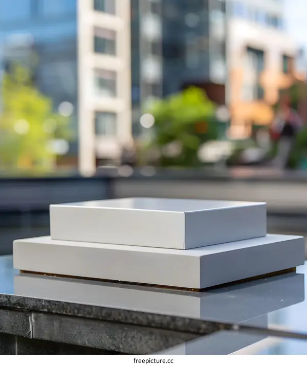 Two White Platforms In Front Of An Office Building