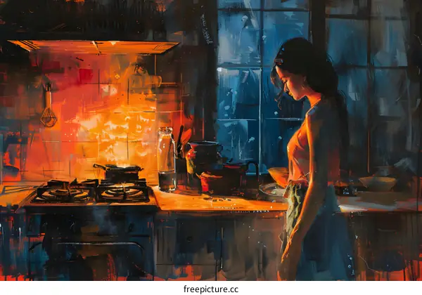 woman in the kitchen looking at food on fire