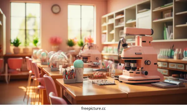 Pink Laboratory with Microscopes and Equipment