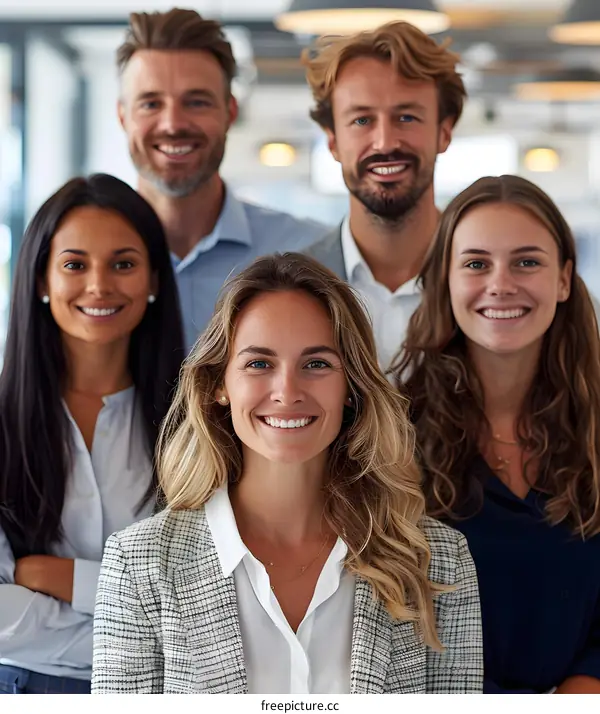 A group of people smiling at the camera in an office