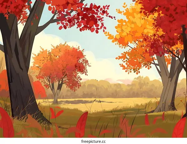 Autumn Landscape with Red and Orange Trees