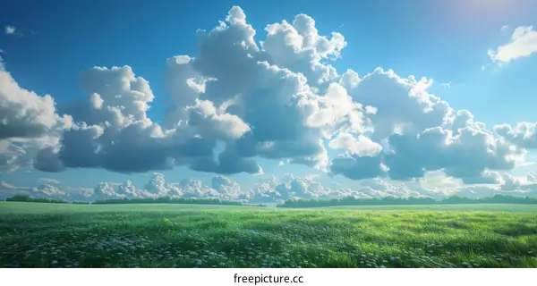 Green Field With Beautiful Clouds In The Blue Sky