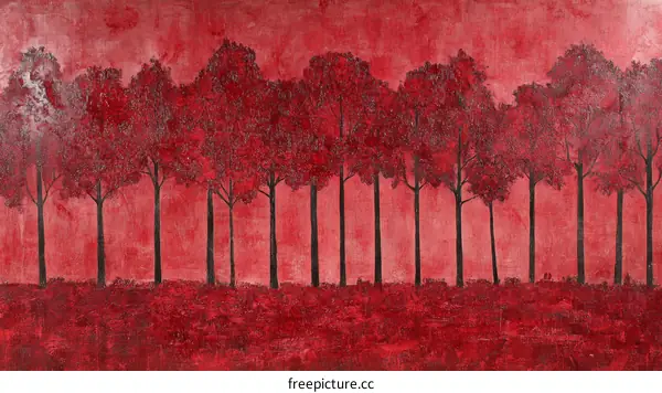 Abstract Red Forest Landscape Painting